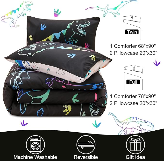 Meeting Story Dinosaur Comforter Set,Fluorescence Dinosaur Colorful Pattern Twin Comforter Set, 3 PCS 1 Comforter and 2 Pillowcases in One Bag, All Season Bedspread for Kids Teens Adults(Full) - LeafyLoom