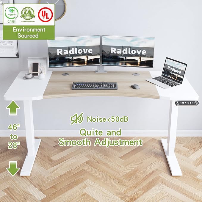 Radlove Dual Motor Height Adjustable Standing Desk, 63 x 30 Height Adjustable Computer Desk Sit Stand Desk Home Office Desks with Splice Board 265 lb Load Capacity White Frame + White Top - LeafyLoom