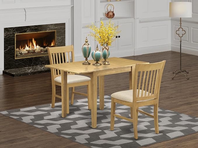 East West Furniture NDNO3-OAK-C Norden 3 Piece Set Contains a Rectangle Dining Room Table with Dropleaf and 2 Linen Fabric Upholstered Kitchen Chairs, 30x48 Inch, Oak - LeafyLoom