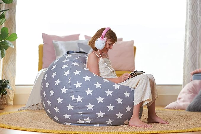 Aubliss Stuffed Animal Storage Bean Bag Chair Cover Only for Plush Toys, Blankets, X-Large 48"-Canvas Stars Grey - LeafyLoom