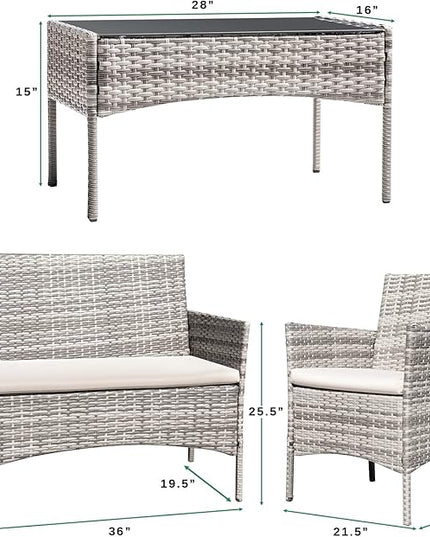Greesum Patio Furniture 4 Pieces Conversation Sets Outdoor Wickerr Rattan Chairs Garden Backyard Balcony Porch Poolside loveseat with Soft Cushion and Glass Table, Gray and Beige - LeafyLoom