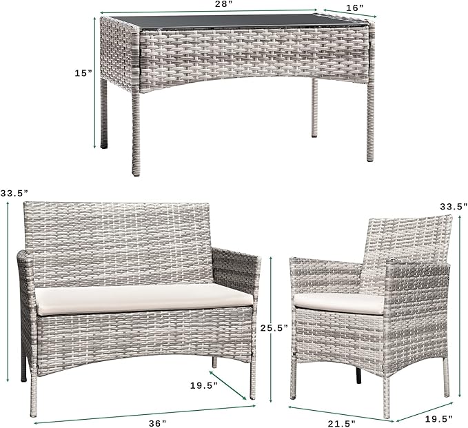 Greesum Patio Furniture 4 Pieces Conversation Sets Outdoor Wickerr Rattan Chairs Garden Backyard Balcony Porch Poolside loveseat with Soft Cushion and Glass Table, Gray and Beige - LeafyLoom