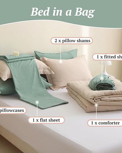MILDLY Full Size Comforter Set 7 Piece Color Clash, Khaki Bed in a Bag, All Season Bedding Sets with 1 Comforter, 2 Pillow Shams, 2 Pillowcases, 1 Flat Sheet, 1 Fitted Sheet - LeafyLoom