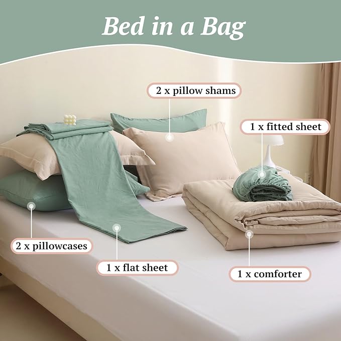 MILDLY Full Size Comforter Set 7 Piece Color Clash, Khaki Bed in a Bag, All Season Bedding Sets with 1 Comforter, 2 Pillow Shams, 2 Pillowcases, 1 Flat Sheet, 1 Fitted Sheet - LeafyLoom