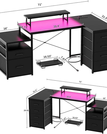Unikito Reversible L Shaped Computer Desk with Fabric File Drawers, 70.8" Large Office Corner Desk with RGB LED Lights & Power Outlets & Monitor Stand & CPU Stand, Sturdy L Shape Gaming Desk, Black - LeafyLoom