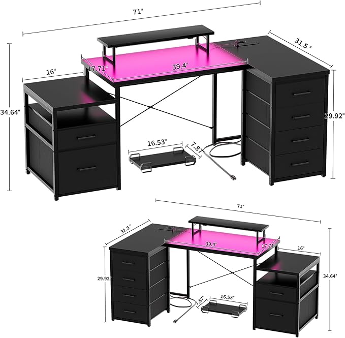Unikito Reversible L Shaped Computer Desk with Fabric File Drawers, 70.8" Large Office Corner Desk with RGB LED Lights & Power Outlets & Monitor Stand & CPU Stand, Sturdy L Shape Gaming Desk, Black - LeafyLoom
