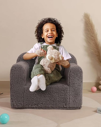 Kids Snuggly-Soft Sherpa Chair, Cuddly Toddler Foam Chair for Boys and Girls, Grey - LeafyLoom