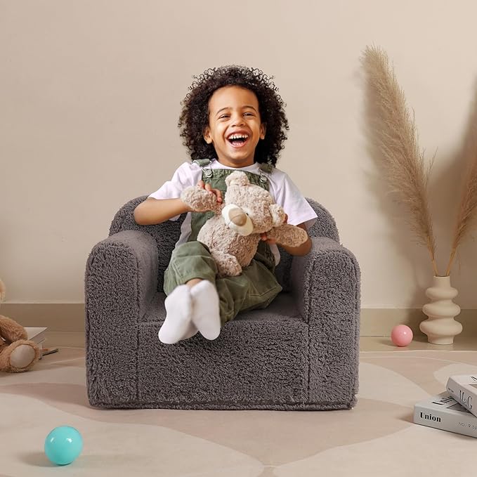 Kids Snuggly-Soft Sherpa Chair, Cuddly Toddler Foam Chair for Boys and Girls, Grey - LeafyLoom