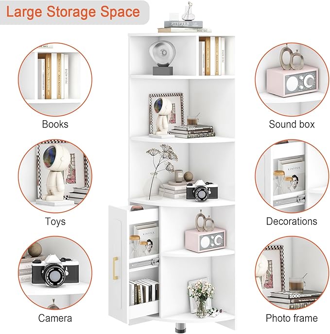 Corner Shelf 6-Tier Corner Bookcase with Drawer, Tall Corner Bookshelf Freestanding White Corner Cabinet Corner Shelves Stand for Wall Corner, Living Room, Home Office, Bedroom, Display Shelf - LeafyLoom