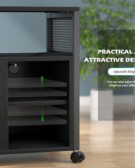 Unikito Lateral File Cabinet, Locking Office Filing Cabinets with Socket and USB Charging Port, Modern Rolling Printer Stand with Storage for A4, Letter Size and File Folders, Black - LeafyLoom