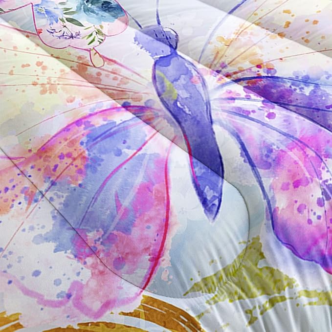 Datura home Watercolor Butterfly Comforter Bedding Set for Girls Kids Teens,Lightweight Colorful Floral Butterfly Printed Tie-dye with 2 Pillowcases(Watercolor Butterfly Twin),Butterfly Purple - LeafyLoom