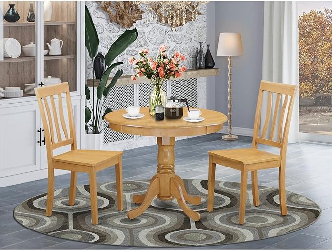 East West Furniture ANTI3-OAK-W Antique 3 Piece Set Contains a Round Kitchen Table with Pedestal and 2 Dining Room Chairs, 36x36 Inch - LeafyLoom