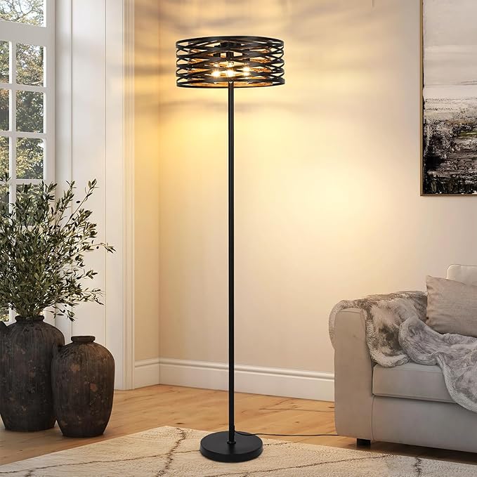 Industrial Floor Lamp for Living Room, Farmhouse Floor Lamps for Living Room Bright Lighting, Vintage Rustic Floor Lamp with Double Shades, Tall Standing Lamp for Bedroom, Office(Black) - LeafyLoom