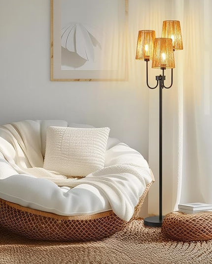 RORIANO Boho Floor Lamp for Living Room, 3-Light Rotary Switch Farmhouse Standing Bedroom Lamp with Rattan Shade, Tall Floor Lamps for Rustic, Coastal, Beach or Bohemian Decor, 3 LED Bulbs Included - LeafyLoom