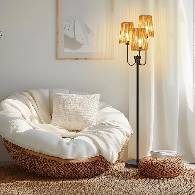 RORIANO Boho Floor Lamp for Living Room, 3-Light Rotary Switch Farmhouse Standing Bedroom Lamp with Rattan Shade, Tall Floor Lamps for Rustic, Coastal, Beach or Bohemian Decor, 3 LED Bulbs Included - LeafyLoom