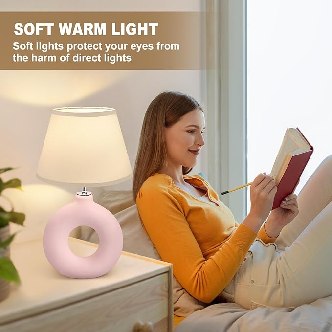 Pink Ceramic Table Lamp for Living Room Bedroom, 21" Modern Bedside Lamps for Kids Room 3 Color Temperature Small Table Lamps for Night Stands, Dorm, Dining Room, Home Décor (Bulb Included) - LeafyLoom