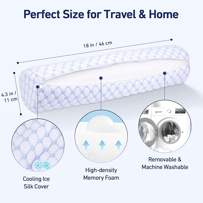 Neck Roll Pillow - Cooling Neck Roll Pillow for Sleeping - Cervical Neck Roll Pillow for Neck Support - Memory Foam Memory Foam Round Cylinder Bolster Pillow for Bed, Couch, Yoga (Blue) - LeafyLoom