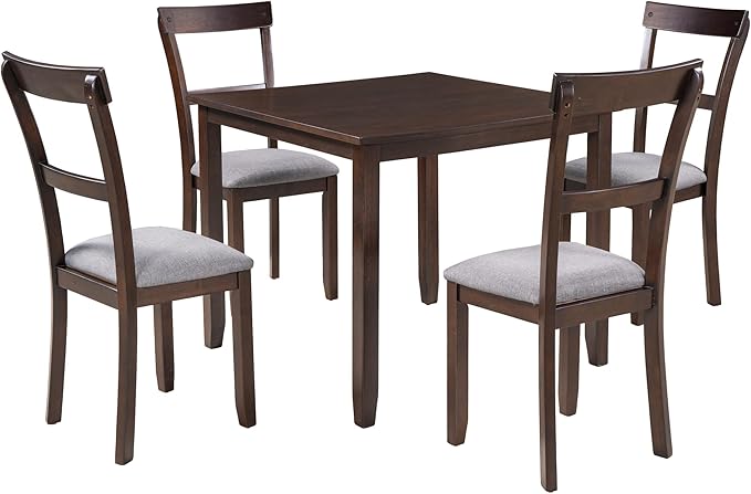 RITSU 5 Piece Set Wooden 4 Chairs, with High-density Foam Burlap Upholstered Cushions for Dining, Living Room, and Kitchen, Easy to Assemble, Industrial Dinning table for 5, Espresso - LeafyLoom