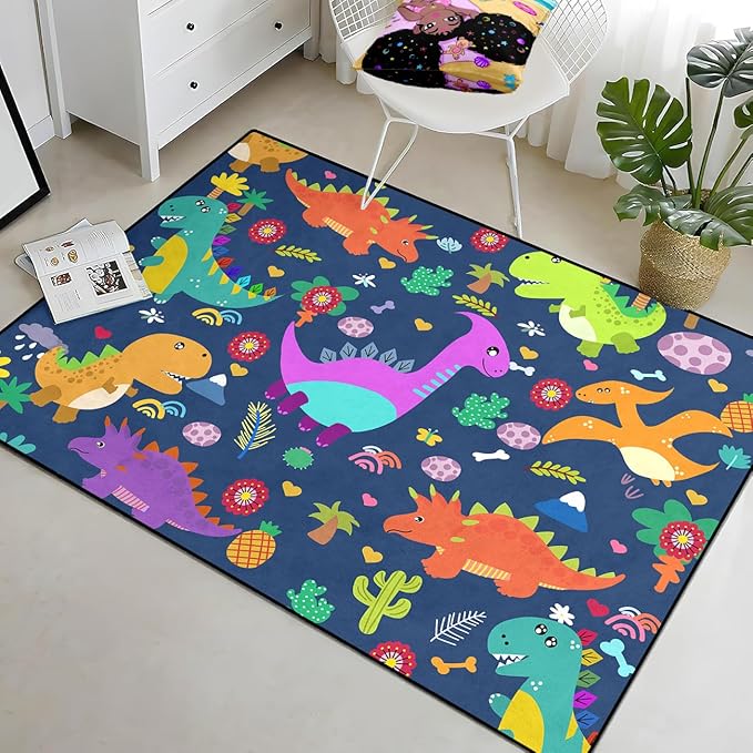 Dinosaur Rugs for Boys Bedroom Dinosaur Play Rug Kids Room Rug Dinosaur Area Rug Cartoon Dinosaur Carpet Cute Dinosaur Mat Dinosaur Rug for Living Room Bedroom Playroom, Blue 3'×5' - LeafyLoom