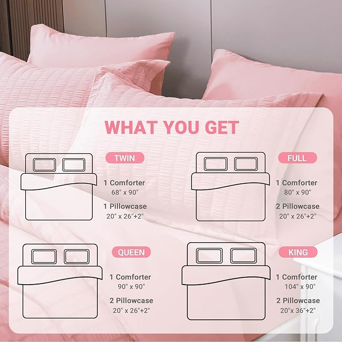 HYMOKEGE Seersucker Queen Comforter Set 3 Pieces, Lightweight Comforter Sets for Bedding, Bed Set with 1 All Season Soft Down Alternative Comforter and 2 Pillow Shams, Pink - LeafyLoom
