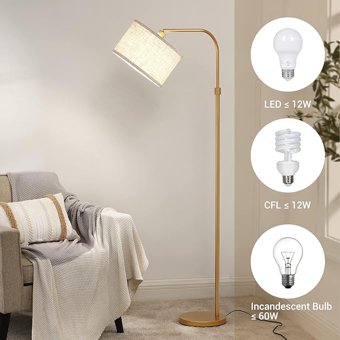 EDISHINE Arc Floor Lamp for Living Room, Modern Standing Lamp with Adjustable Drum Shade, Gold Reading Lamp Corner Light with Foot Switch for Bedroom, Office, Kids Room - LeafyLoom