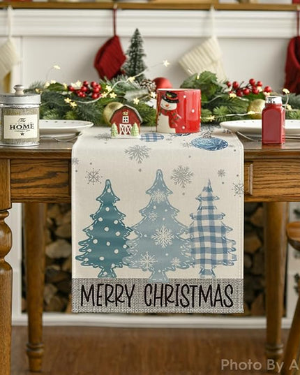Artoid Mode Blue Pine Trees Merry Christmas Table Runner, Winter Xmas Holiday Kitchen Dining Table Decoration for Home Party Decor 13x72 Inch ArtoidMode