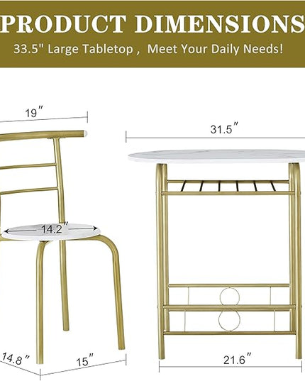 VECELO 3 Piece Small Round Dining Table Set for Kitchen Breakfast Nook, Wood Grain Tabletop with Wine Storage Rack, Save Space, 31.5", White & Gold - LeafyLoom