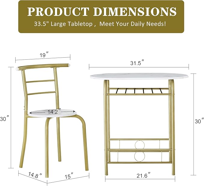 VECELO 3 Piece Small Round Dining Table Set for Kitchen Breakfast Nook, Wood Grain Tabletop with Wine Storage Rack, Save Space, 31.5", White & Gold - LeafyLoom