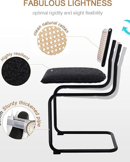 Zesthouse Mid Century Modern Dining Chairs Set of 2, Upholstered Boucle Kitchen Chairs, Famous Breuer Designed Chairs, Armless Accent Chairs with Natural Cane Back & Stainless Chrome Base - LeafyLoom