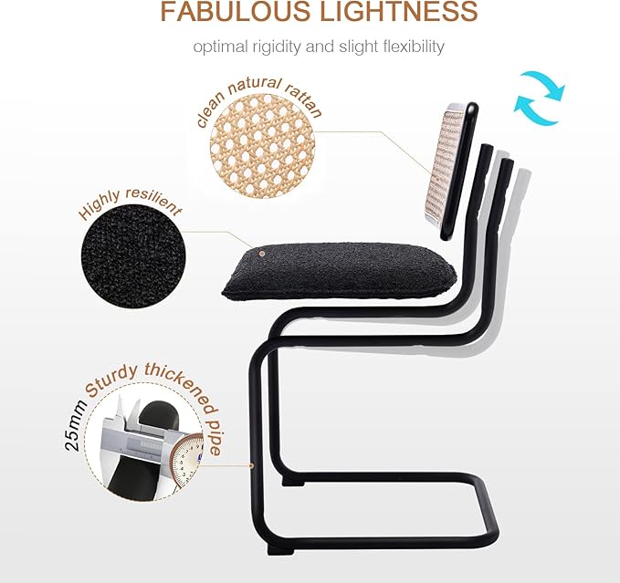 Zesthouse Mid Century Modern Dining Chairs Set of 2, Upholstered Boucle Kitchen Chairs, Famous Breuer Designed Chairs, Armless Accent Chairs with Natural Cane Back & Stainless Chrome Base - LeafyLoom