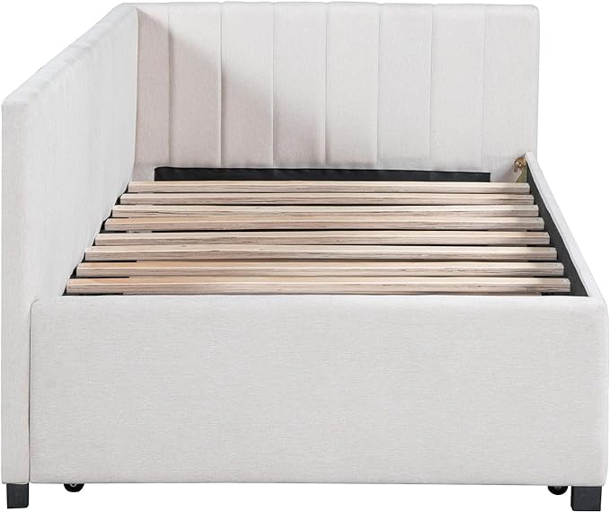 Twin Size Daybed with Trundle - Upholstered Daybed Linen Fabric Sofa Bed Frame with Twin Trundle for Bedroom Guest Room Living Room, No Box Spring Needed, Beige - LeafyLoom