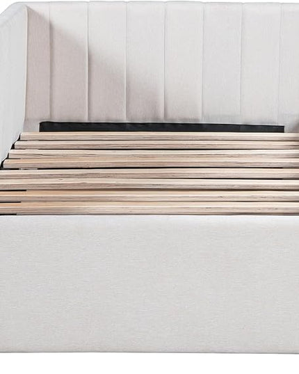 Merax Linen Fabric Upholstered Daybed with Trundle Bed, Twin Size Wodden Sofa Bed for Living Room, Guest Room, Children's Room, Beige - LeafyLoom