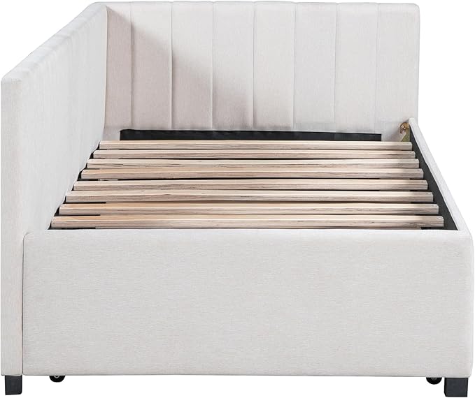 Merax Linen Fabric Upholstered Daybed with Trundle Bed, Twin Size Wodden Sofa Bed for Living Room, Guest Room, Children's Room, Beige - LeafyLoom
