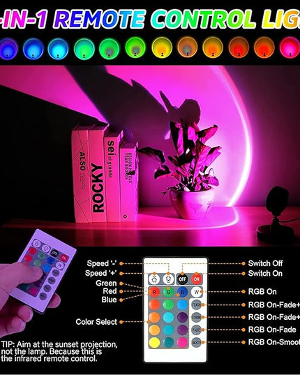 Balkwan Sunset Lamp Projection Rotation Rainbow Projection Lamp Led Romantic Visual Led Light Network Red Light with USB Modern Floor Stand Night Light Living Room Bedroom Décor (16 color) - LeafyLoom