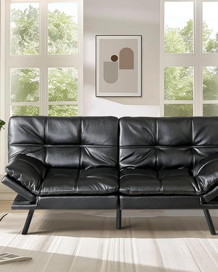 MUUEGM Faux Leather Futon Sofa Bed, Convertible Memory Foam Couch Bed, Modern Love Seat for Living Room,Compact Space,Apartment,Office,Adjustable Backrests Armrests Couch Sleeper,71" Black - LeafyLoom