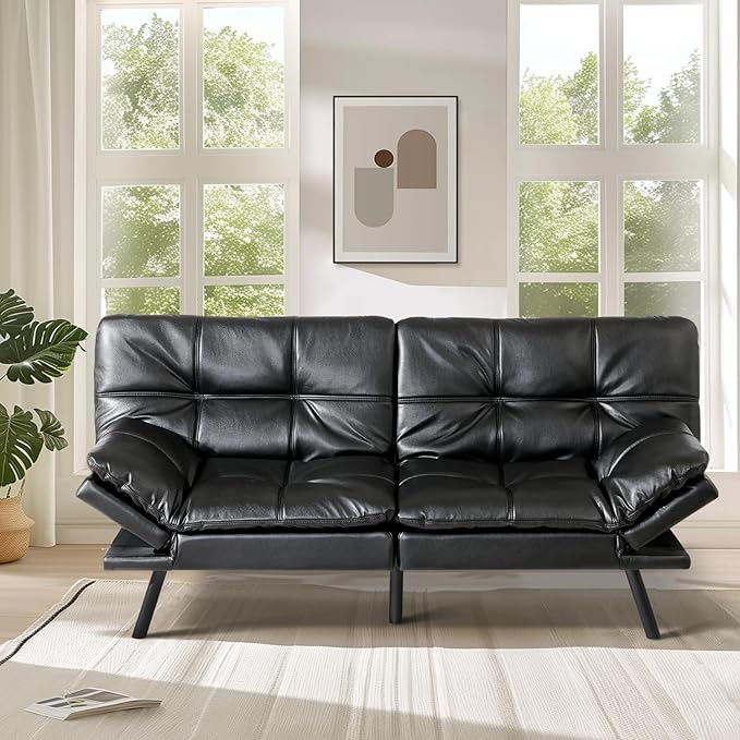 MUUEGM Faux Leather Futon Sofa Bed, Convertible Memory Foam Couch Bed, Modern Love Seat for Living Room,Compact Space,Apartment,Office,Adjustable Backrests Armrests Couch Sleeper,71" Black - LeafyLoom