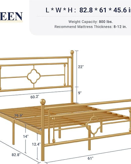 Allewie Queen Size Metal Platform Bed Frame with Victorian Vintage Headboard and Footboard/Mattress Foundation/Under Bed Storage/No Box Spring Needed/Noise-Free/Easy Assembly, Gold - LeafyLoom