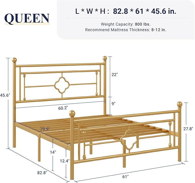 Allewie Queen Size Metal Platform Bed Frame with Victorian Vintage Headboard and Footboard/Mattress Foundation/Under Bed Storage/No Box Spring Needed/Noise-Free/Easy Assembly, Gold - LeafyLoom