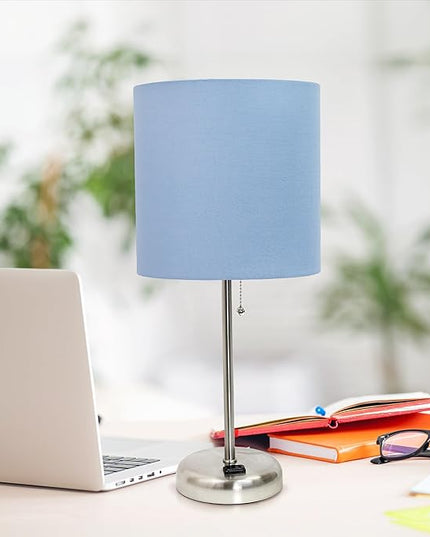 Simple Designs LT1144-BLU Sleek and Slender Brushed Steel Table Lamp with Charging Outlet, for Bedroom, Living Room, Entryway, Office, Dining Room, Study, Blue Shade - LeafyLoom