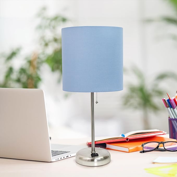 Simple Designs LT1144-BLU Sleek and Slender Brushed Steel Table Lamp with Charging Outlet, for Bedroom, Living Room, Entryway, Office, Dining Room, Study, Blue Shade - LeafyLoom
