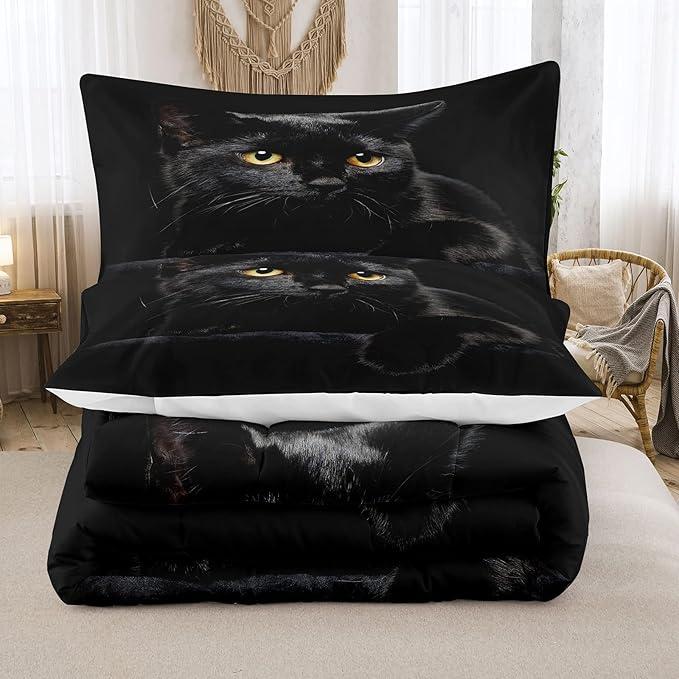 NINENINE Cat Comforter Bedding Set Twin for Girls Kids,Black Cat Lying on The Black Sofa Pattern Printed Bedding Set,Black Comforter Set,Soft Breathable Microfiber Quilt with Matching Pillowcase#5005 - LeafyLoom