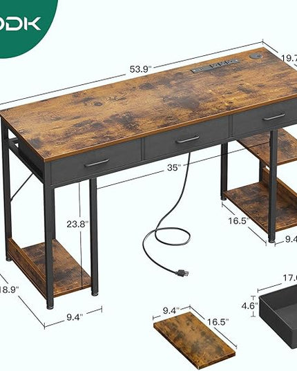 AODK 55 Inch Office Desk with Fabric Drawers & Power Outlets, Computer Desk with Storage Shelves & CPU Stand, Study Table, Writing Desk for Bedroom, Vintage - LeafyLoom