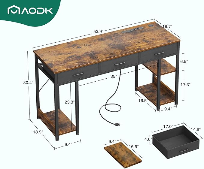 AODK 55 Inch Office Desk with Fabric Drawers & Power Outlets, Computer Desk with Storage Shelves & CPU Stand, Study Table, Writing Desk for Bedroom, Vintage - LeafyLoom