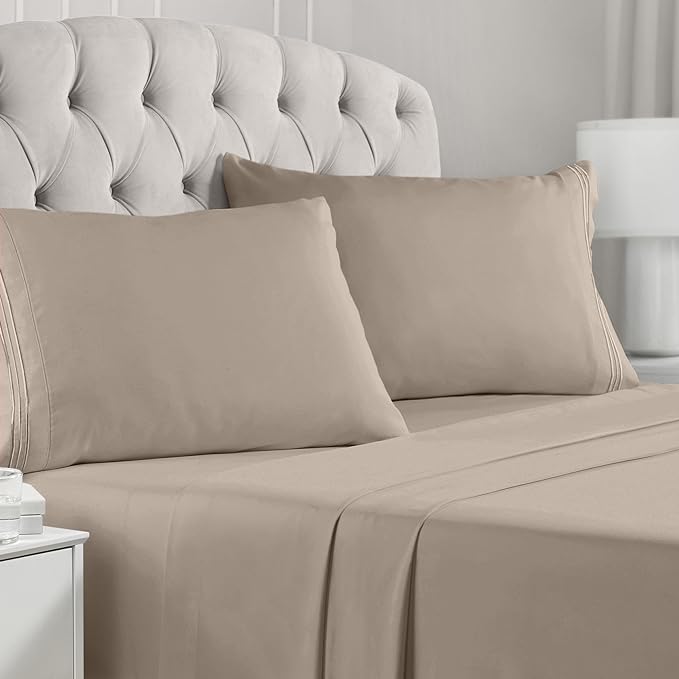 Mellanni Full Sheets Set - 4 PC Iconic Collection Bedding Sheets & Pillowcases - Hotel Luxury, Extra Soft, Cooling Bed Sheets - Deep Pocket up to 16 inch (Full, Tan) - LeafyLoom