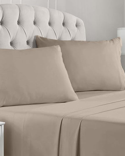 Mellanni Split King Sheets Set - 5 PC Iconic Collection Bedding Sheets & Pillowcases - Hotel Luxury, Extra Soft, Cooling Bed Sheets - Deep Pocket up to 16 inch (Split King, Tan) - LeafyLoom