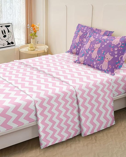 5 Piece Girls Cat Comforter Set Twin Size Bed in A Bag Pink Cute Cartoon Cats Bedding Set for Kids Teens (1 Comforter, 1 Flat Sheet, 1 Fitted Sheet, 2 Pillowcases), Purple Pink - LeafyLoom