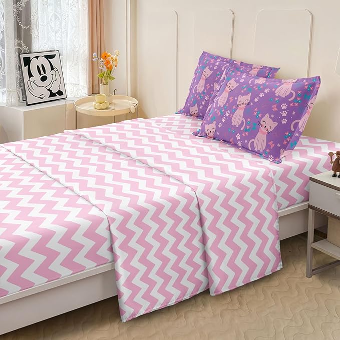 5 Piece Girls Cat Comforter Set Twin Size Bed in A Bag Pink Cute Cartoon Cats Bedding Set for Kids Teens (1 Comforter, 1 Flat Sheet, 1 Fitted Sheet, 2 Pillowcases), Purple Pink - LeafyLoom