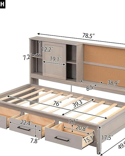 Twin Size Wooden Lounge Daybed with Storage Shelves, Cork Board, USB Ports and 3 Drawers, No Box Spring Needed, Antique Gray - LeafyLoom