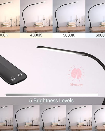 Desk Lamps for Home Office, 10W Clamp Lamp Dimmable Gooseneck Lamp Touch Control, Adjustable Desk Light for Workbench Tabletop (Black) - LeafyLoom