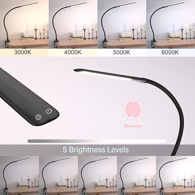 Desk Lamps for Home Office, 10W Clamp Lamp Dimmable Gooseneck Lamp Touch Control, Adjustable Desk Light for Workbench Tabletop (Black) - LeafyLoom